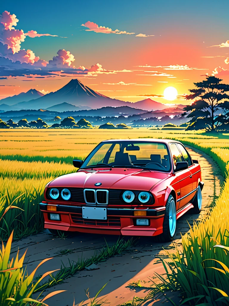 anime landscape of A pearl super sunny red classic 1993 BMW E30 318i sport sits in a field of tall grass with a sunset in the background.beautiful anime scene, beautiful anime peace scene, Makoto Shinkai Cyril Rolando, beautiful anime scene, amazing wallpaper, anime art wallpaper 8k, anime background, artistic anime background, anime wallpaper 4k, anime art 4k wallpaper, anime wallpaper art 4k,