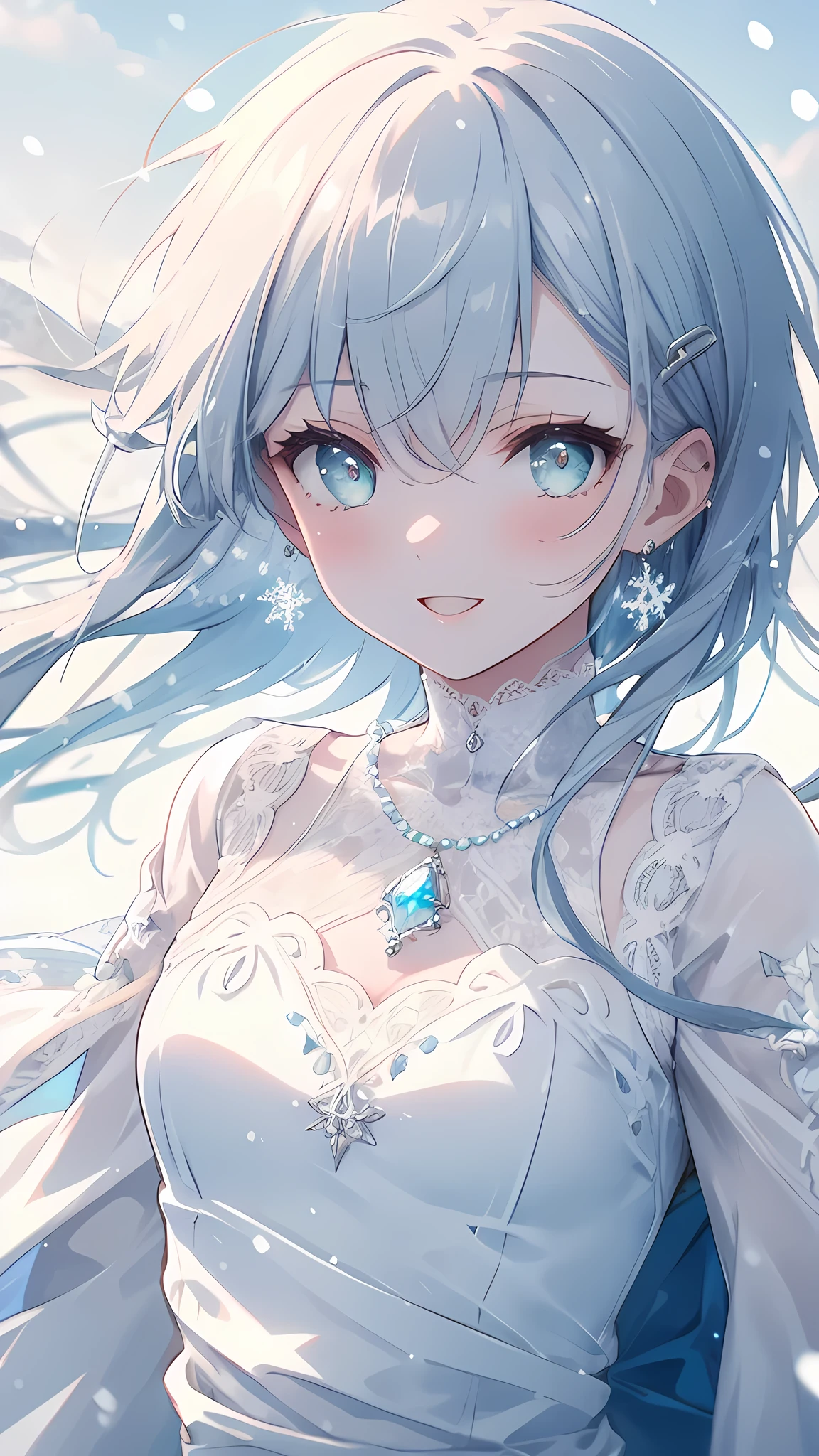 (8K, best quality, master piece: 1.3),super high resolution,1 girl, solo, full body ,ultra-detailed face, silme, ash hair, thin hair clip, cyan colorshift eyes, expressive eyes, Ecstatic expression, Vintage dress, cotton, lace, pale blue, cream, lace gloves, pearl necklace, Winter snow scene, white, blue, silver, bright but cold