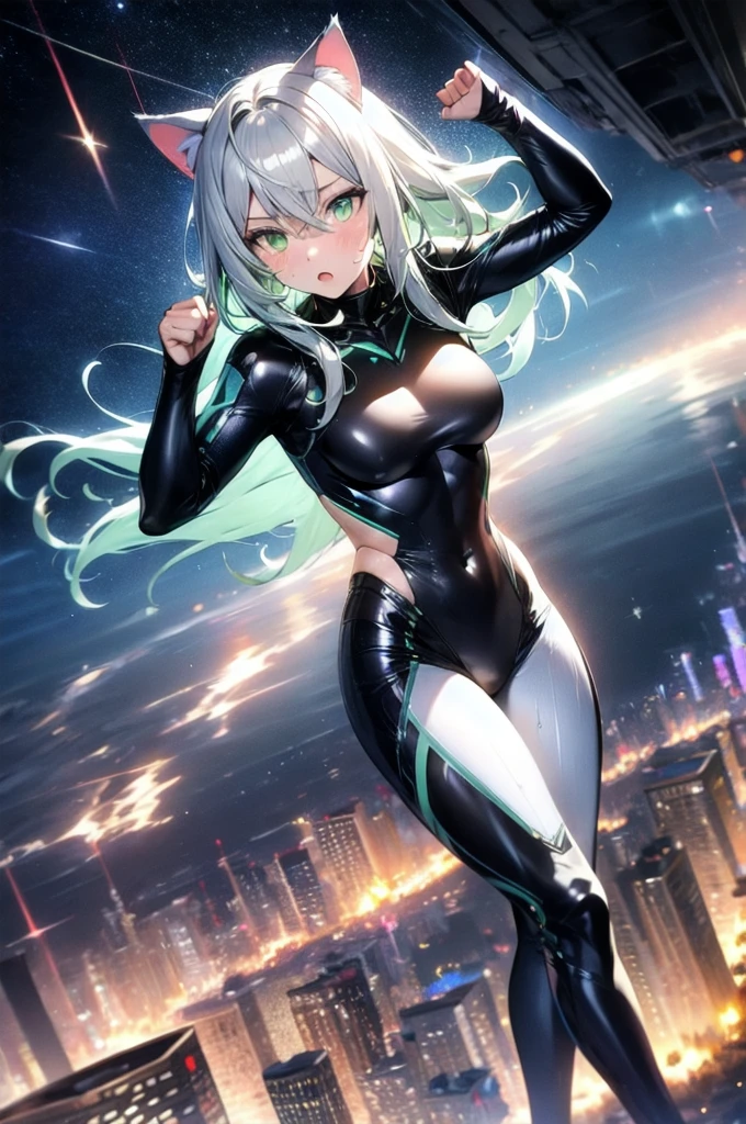 A silver-haired beautiful girl with cat ears eyes are green hair is silver and long clothes: a form-fitting black combat suit The fist is an afterimage The background is a city at night her is in a cat-like fighting pose The year is 14 years monitor, Dark Night, Sweat, Steam of Exhalation, Space, Battle, Dynamic Angle one girl