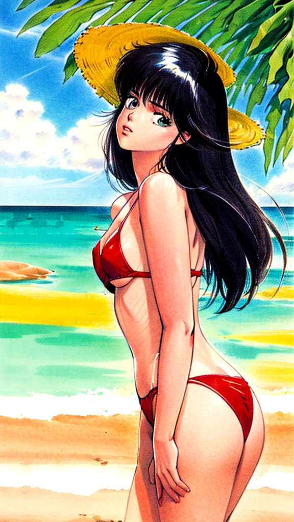 (masterpiece), high quality, high resolution, super detailed, realistic, illustration, (Madoka Ayukawa \(Kimagure Orange Road\):1), (Akemi Takada Style:1), beach, red bikini swimsuit, shiny skin, fair skin, sun visor, long black hair, reaching out, leaning forward, summer sunlight,