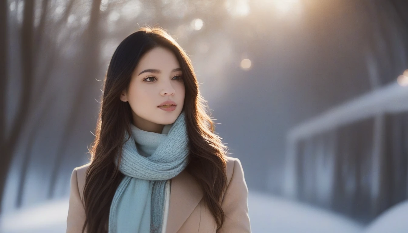 1girl, solo, photo, portrait, look at viewer, long hair, outdoor, snow,  realistic,  ray tracing,
 