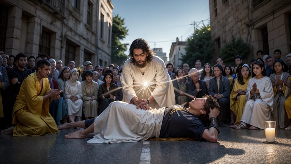 center image:



Paulo in two moments:stalker: Severe expression, Dark clothes, frown, holding stones/swords (simbolizando persecution).

apostle: serene face, white robes/clear, hands in prayer position, divine light around (symbolizing faith). Close up em Paulo: 

tears in the eyes (optional), representando arrependimento e conversion. stylised illustration: conveying timelessness of the story. Additional Elements: lightrays (Divine Revelation). scenes: Paul stoning Stephen (persecution).

Paul falling from his horse on the road to Damascus (conversion).

Paul preaching to crowds (apostleship).  Color Combinations:



swirly vibrant colors: yellow, orange and blue to capture attention and convey Paul&#39;s epic journey. objective:



Attractive and impactful thumbnail that captures the public&#39;s attention and awakens curiosity about Paul&#39;s story.