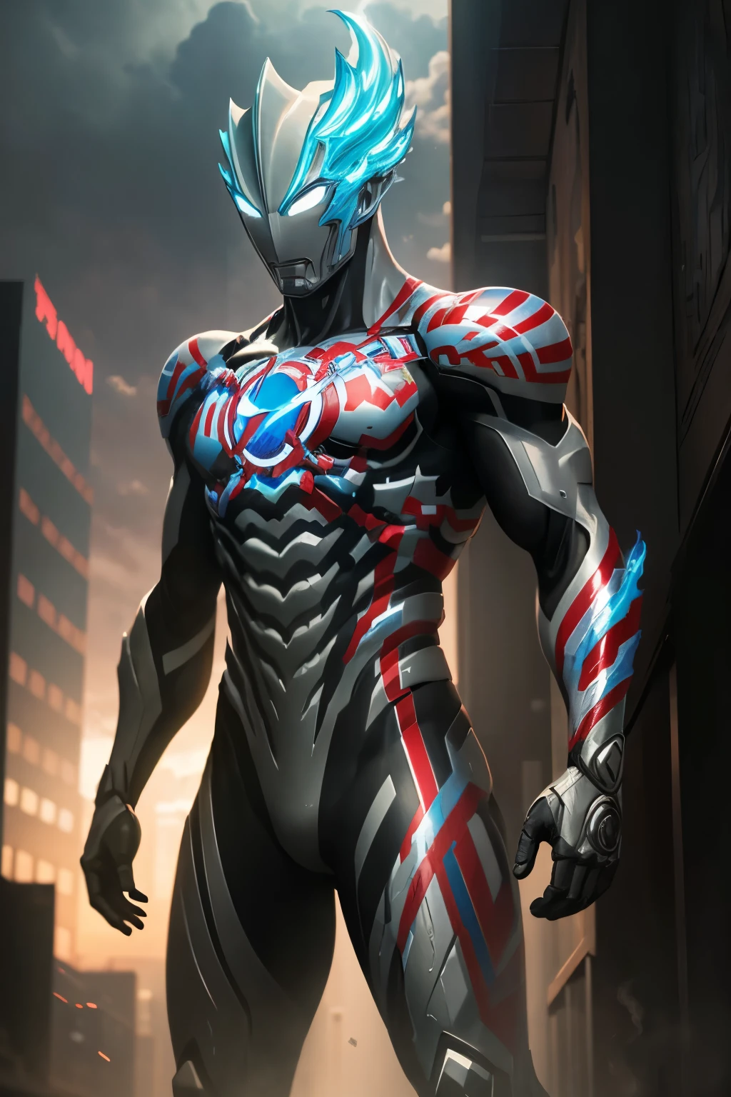 a blazer, ultraman, growing, lightning, silver, ultraman bodysuit, Optimus Prime and Ultraman Blazar, highly detailed, cinematic lighting, epic, dramatic, 8k, photorealistic, hyper detailed, hyper realistic, masterpiece, intricate details, sharp focus, volumetric lighting, studio lighting, physically-based rendering, vibrant colors, dynamic composition, dramatic sky, futuristic, sci-fi, mecha, robot, superhero, character design, digital art, concept art