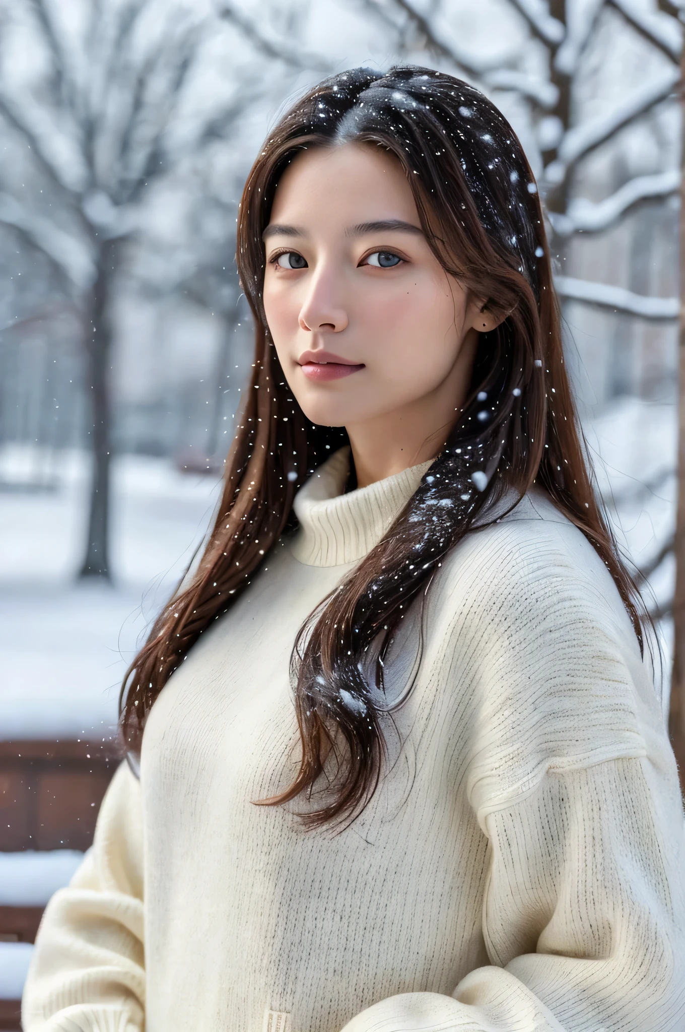 (masterpiece:1.35),(best-quality:1.4),8k,ultra-detailed,photography,(ultra-realistic:1.4), adult girl, long hair, sweater, snowing background,