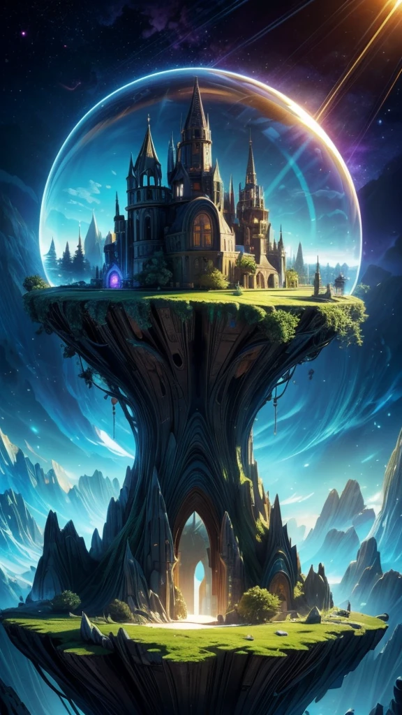 a mysterious island floating in the universe, enclosed in a dome, highly detailed, 4k, 8k, photorealistic, vibrant colors, dramatic lighting, glowing force field, futuristic architecture, floating islands, alien landscape, ethereal atmosphere, mysterious energy, cinematic composition, intricate details, volumetric lighting, chrome accents, diffuse lighting, reflective surfaces, dramatic shadows, mist and fog, majestic scale, sense of wonder, awe-inspiring, masterpiece