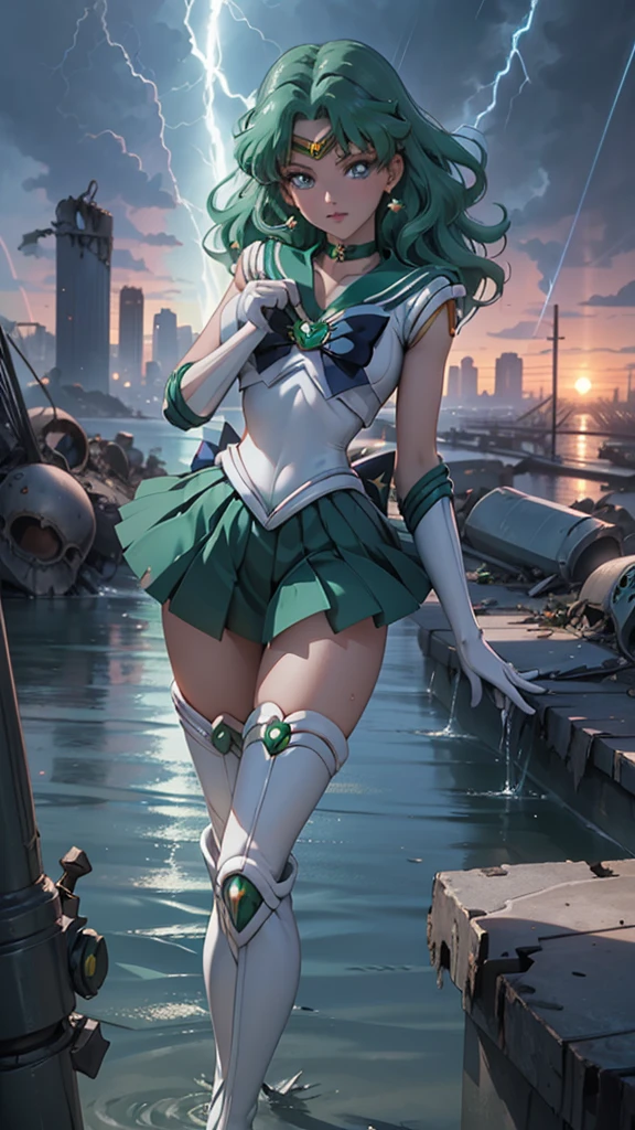 Ultraphotomicrography,1 girl, Sailor Neptune, (Sailor senshi uniforms:1.4), dark green hair, medium hair, Supplicant skirt, La Best Quality, earrings, Masterpiece, High resolution, intricate details, (( realist )), photographic, (White elbow gloves:1.1), joya, medium chest, whole body, dynamic background, dynamic posture, high heels,,More detailed 8K.unreal engine:1.4,HD,La Best Quality:1.4, fotorrealist:1.4, skin texture:1.4, Masterpiece:1.8,Masterpiece, Best Quality,object object], (detailed facial features:1.3),(Detailed hands),(Apocalyptic city destroyed:1.7),(white Over the knee boots: 1.4), choker, (White glove:1.4), choker verde, Elbow Groves, joya, earrings, green skirt, only one, whole bodysbian, green fur,(sunset background:1.4),(Sailor Neptune:1.4),(Half body:1.4),4K detail fantasy,(realist, Photorealism, realist: 1.37),(detailed hands),(blue background water thunder lightning rain water drops falling:1.4), (cowboy shot:1.4))),(Beautiful blue eyes :1.4) ，bright pupils detailed CG unified 8k wallpaper）Detailed background