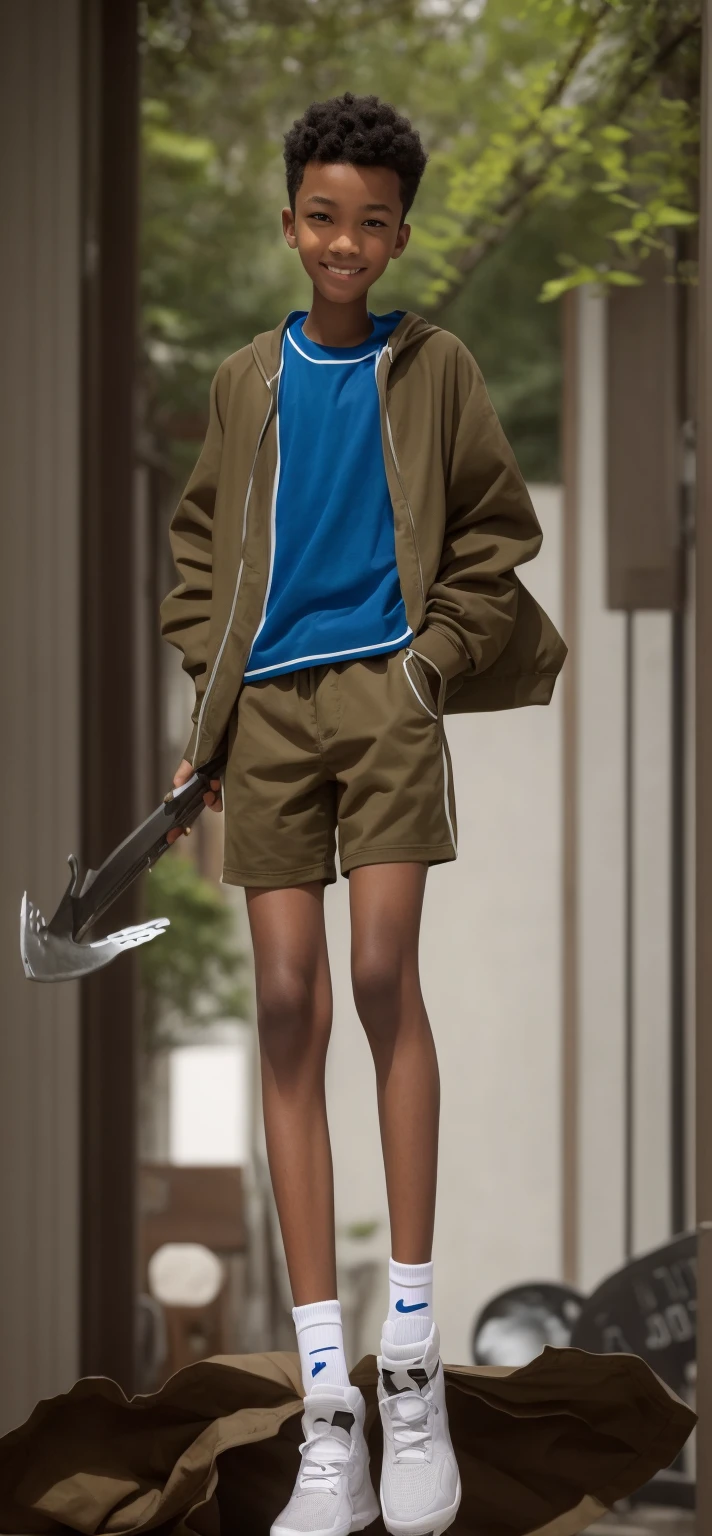 14 year old boy,Light brown skin,Blue sports shorts,Bright neon green top,High-top board shoes,Big round eyes,Very short hair,Tall and skinny,full-body shot,A junior high school student holding an arrow feather,Smile,best quality