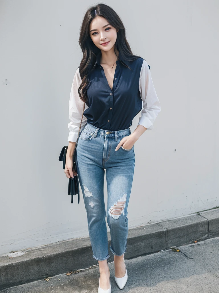 (((Full body image of a woman))), Instagram Model . Full body portrait of a fashion model, Glamour, Long black wavy hair, (((Bright Blue Eyes))), Mischievous Smile, Very detailed顔, Very fine grain. Large chest. ((Low rise jeans that fit snugly against the skin)),((White cotton shirt, unbuttoned to show chestの谷間)), Mid height heels, ((Handbags)). shopping, chest, chestの谷間, 8k, high quality, masterpiece, 最high quality, High resolution, Very detailed, Volumetric lighting, Realistic