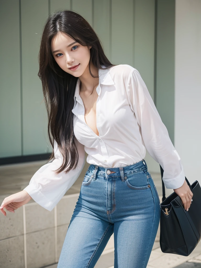 (((Full body image of a woman))), Instagram Model . Full body portrait of a fashion model, Glamour, Long black wavy hair, (((Bright Blue Eyes))), Mischievous Smile, Very detailed顔, Very fine grain. Large chest. ((Low rise jeans that fit snugly against the skin)),((White cotton shirt, unbuttoned to show chestの谷間)), Mid height heels, ((Handbags)). shopping, chest, chestの谷間, 8k, high quality, masterpiece, 最high quality, High resolution, Very detailed, Volumetric lighting, Realistic