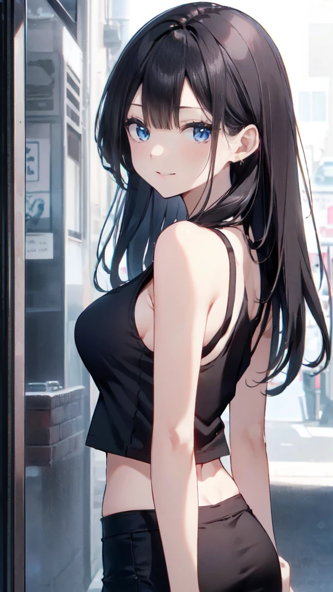 Best image quality, 8k, (Ultra-high resolution:1.5,Japanese,smile,Delicate eyes,Sensitive face,Attractive face,Long Black Hair、In town、night、Light Fantastic、Black tank top、White mini skirt、Looking back at me、Blue Eyes、pants、Big Breasts、