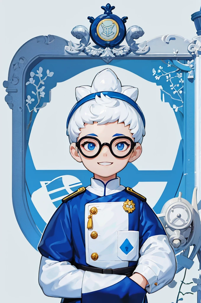 A boy with striking white hair、government、Siamese、Smile、Mechanical blue glasses and clothing、Government service staff，Center the character，Complete body，Background white