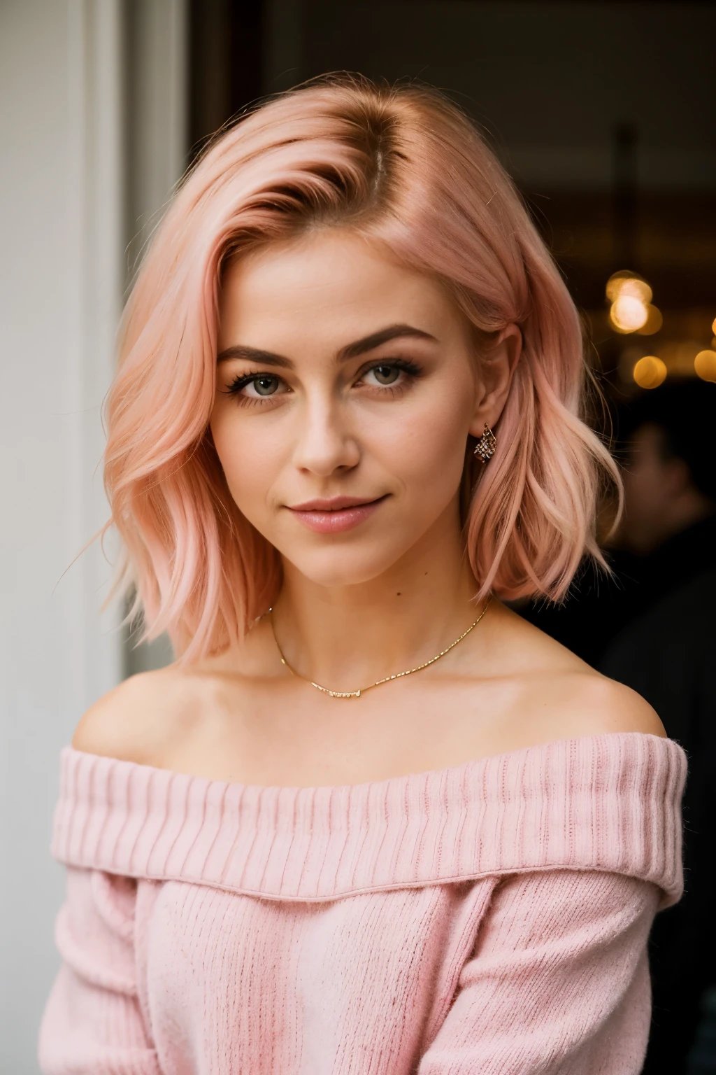 ((best quality)), ((masterpiece)), (detailed), 1girl, off-shoulder sweater, looks like Julianne Hough pink hair goth makeup and clothes