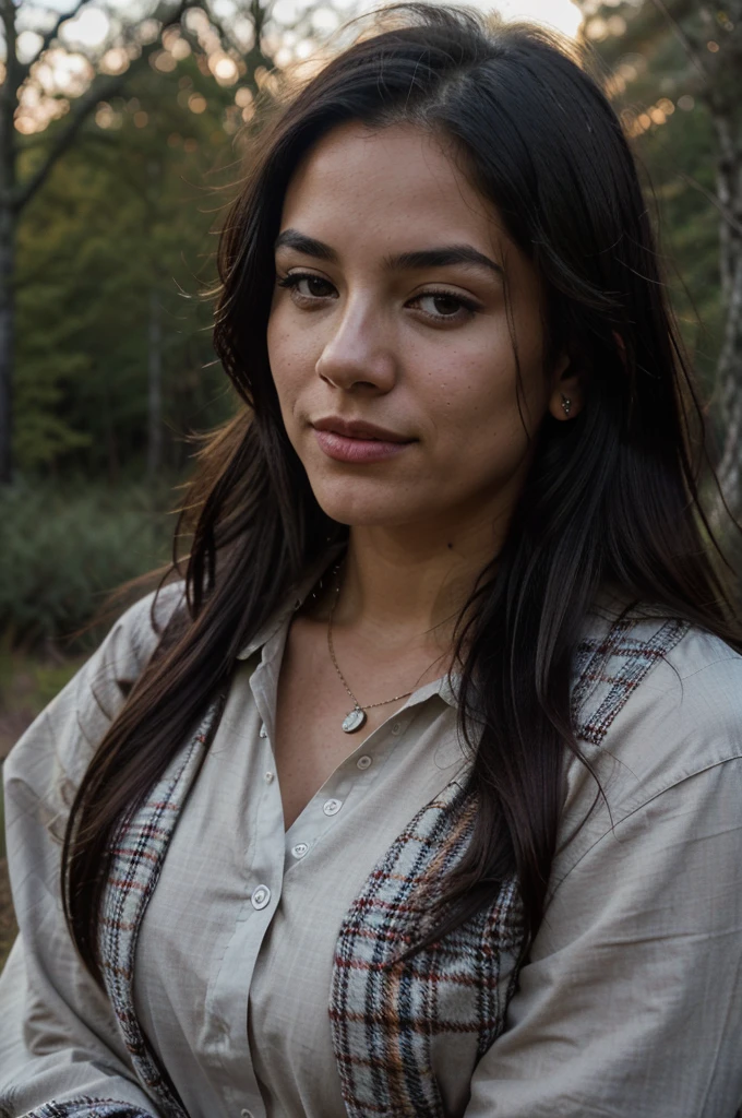 Photorealist, best quality, ultra-detailed, beautiful Colombian woman with long black hair, 20s, brown eyes, medium breasts, upper body, selfie photos, face in sharp focus, f/4, iso 200, shutter 1/ , cinematic light, award-winning photography, high sharpness, skin texture, best shadow, easy symmetry, ultra-detailed, film grain. Influencer who is considered a luxury and lifestyle trendsetter, provides her followers with exclusive style advice, inspired by tips and purchases. 8k uhd attention to detail. only face ((selfie torso, happy)), work of art, best quality, Alone, outdoors, (night), mountains, Nature, (Stars, moon) cheerful, happy, backpack, sleeping bag, stove camping, water bottle, country boots, open long sleeve red plaid shirt, forest, stones, river, wood, smoke, shadows, contrast, clear sky, style, (warm tone, warm tone: 1.2), close up, light cinematic, side lighting, ultra-high resolution, Best shadow, RAW, torso, seductive look, 4K, open neckline, sexy