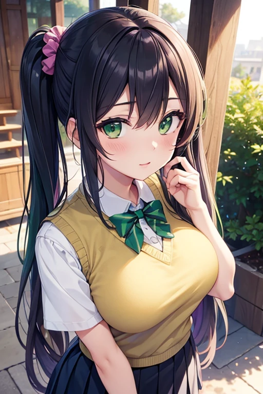 nozomitoujou, nozomi toujou, (green eyes:1.5), purple hair, twintails, low twintails, scrunchie, long hair, (large breast:1.2),
BREAK otonokizaka , pleated skirt, , short sleeves, skirt, summer uniform, sweater vest, yellow sweater vest,
BREAK looking at viewer,
BREAK outdoors, shrine,
BREAK (masterpiece:1.2), best quality, high resolution, unity 8k wallpaper, (illustration:0.8), (beautiful detailed eyes:1.6), extremely detailed face, perfect lighting, extremely detailed CG, (perfect hands, perfect anatomy),