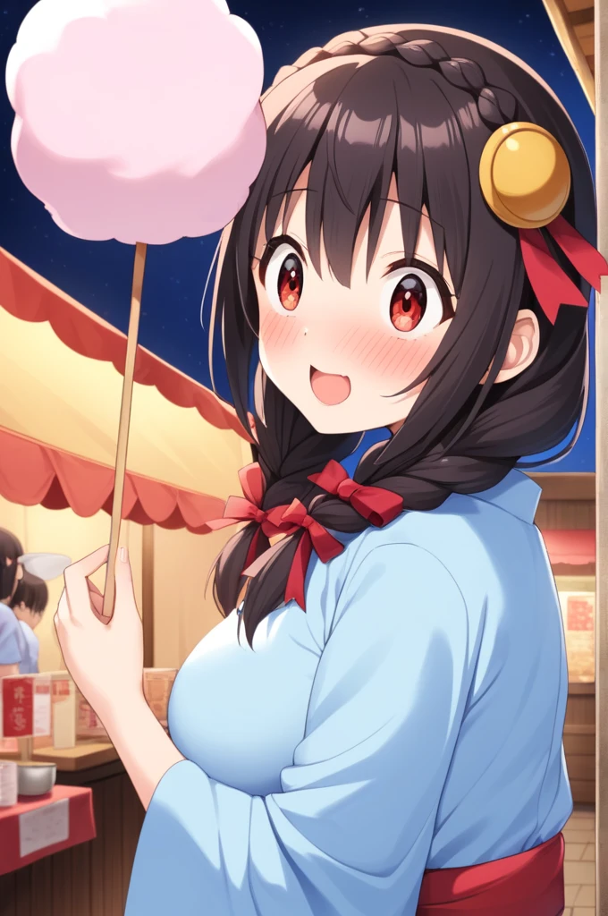 alone, One girl、Crown braids in the same color as your hair, hair ornaments, Hair Ribbon,(A light blue kimono with a red floral pattern and a red obi.)、Red Eyes、Black Hair、(blush:1.5)、(Surprised face:1.7)、Larger breasts、(Licking cotton candy:1.2)、The background is a night stall、Look Back