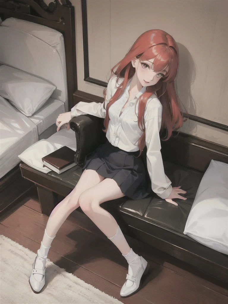 ,Beautiful girl in casual clothes, beautiful lace skirt, white socks and small leather shoes, happy and cheerful, hand details, slender fingers, red hair, full body shot in her room