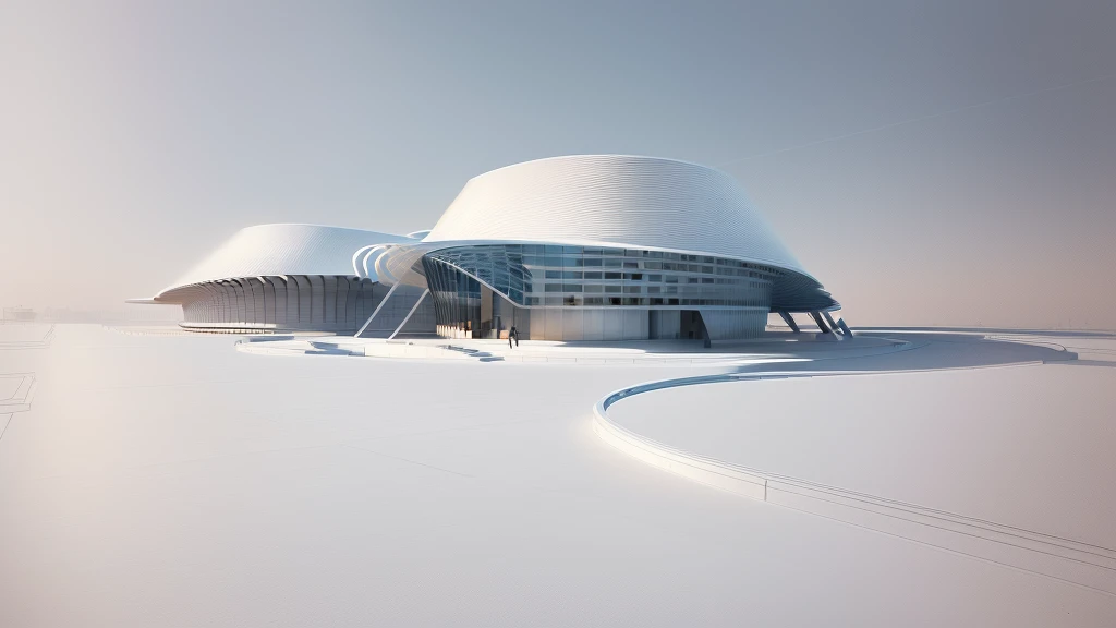 a drawing of a building with a curved roof and a curved walkway, concept drawing, detail render, architectural concept, architecture render, architectural render, architectural sketch, detailed line drawing, etching render, architectural illustration, digital rendering, digital render, rounded architecture, rendered illustration, detailed rendering, elevation view, side perspective, line drawing, front perspective, architectural concepts