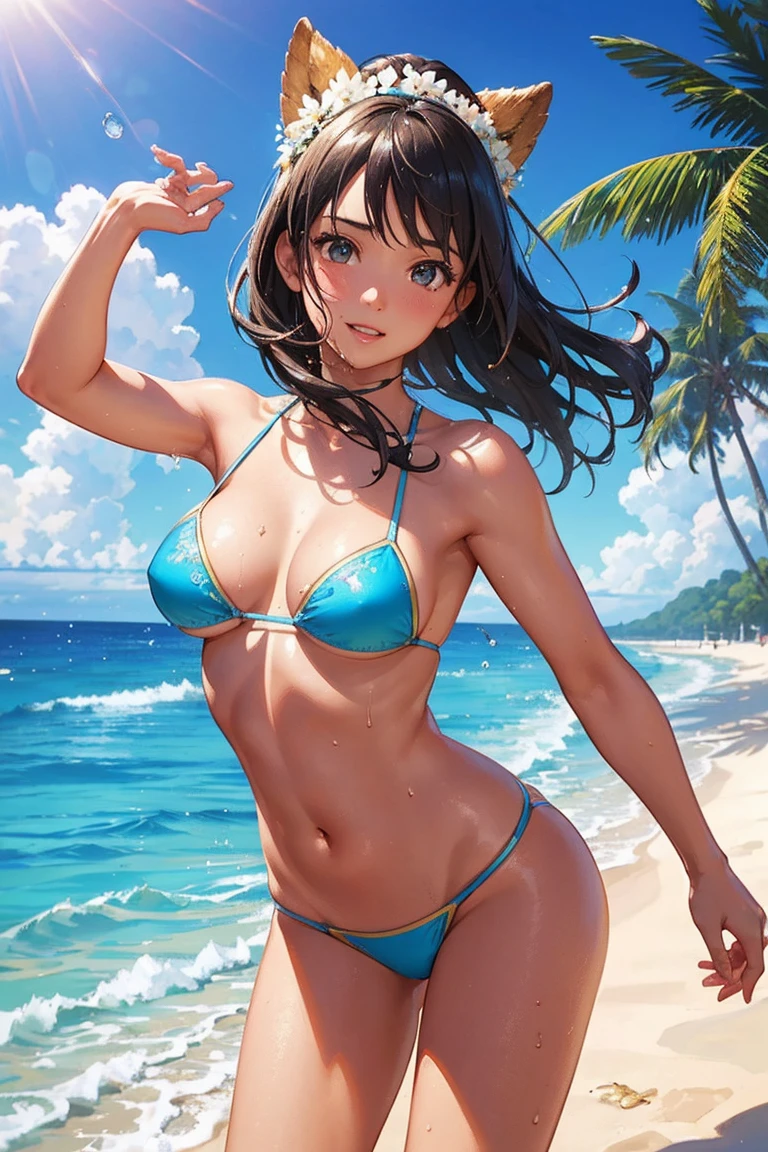 (Highest quality,4K,8k,High resolution,masterpiece:1.2),Very detailed,(Realistic,photoRealistic,photo-Realistic:1.37),Hot Girls,speed,water,null,bikini,Queen,Summer heat,Wet Hair,Intense expression,Glowing Skin,Golden sandy beaches,Palm tree,sunset,Bright colors,ripple,speedboat on the horizon,Captivating Gaze,Sunburned skin,Bronze tanned body,Beach-like atmosphere,Cheerful pose,Bright sunlight,clean blue null,splashing water droplets,frozen moment, And adventure,Self-confidence and empowerment,Immerse yourself in the joy,Queen of the beach,Striking beauty,果てしないnull,sparkling water surface,Seamless movement.