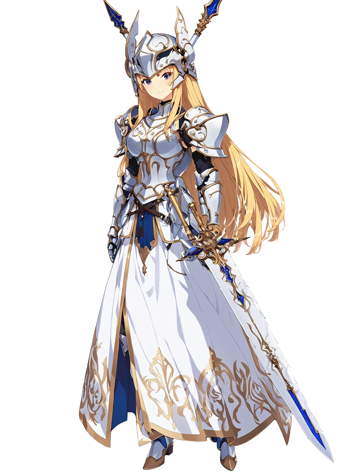 high quality, high resolution, high qualityのゲームアートスタイル, whole body,Valkyrie,perfect hand,Official Art, Smooth game CG art, Visual Novel Sprites, White background,Smooth game CG art, (((Woman with a long spear))),A woman wearing a white dress and light blue armor, An intricately designed helmet with white feathers,Small shield, (((In his right hand he holds an elaborate long spear))),Exquisite light blue armor,Golden Hair, long hair, female knight, Rin々Shii,Large Bust,20-year-old,