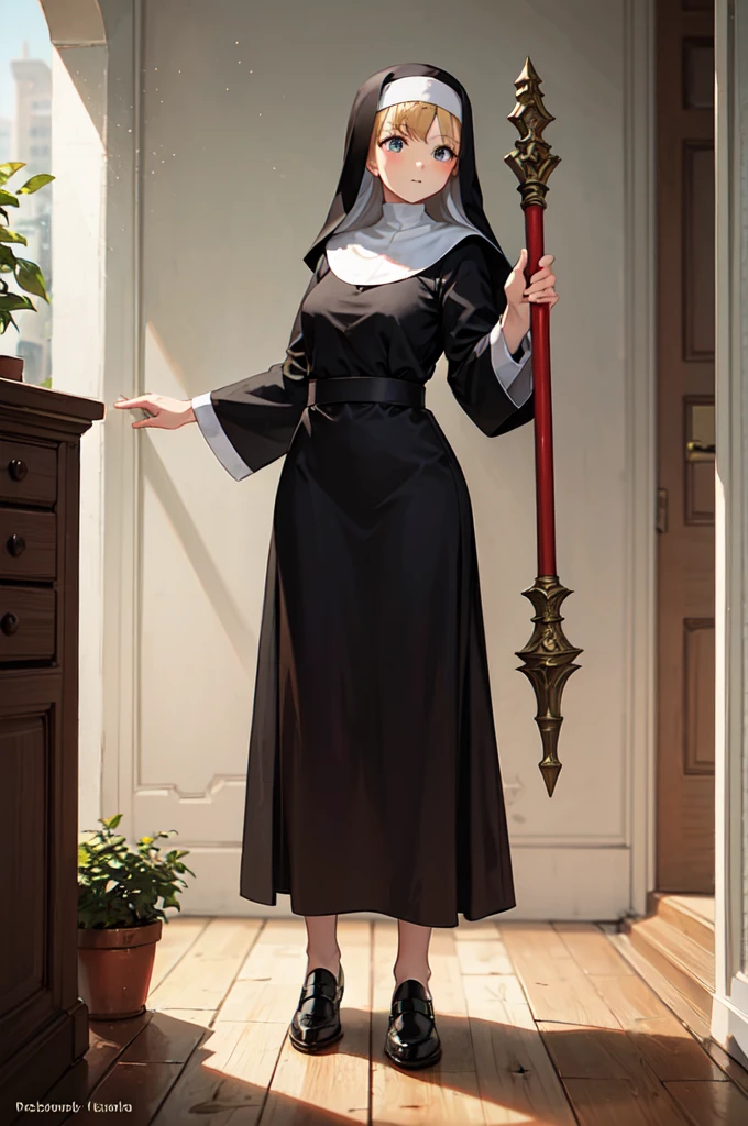1girl,20-year-old,Fantasy,nun,With a giant hammer