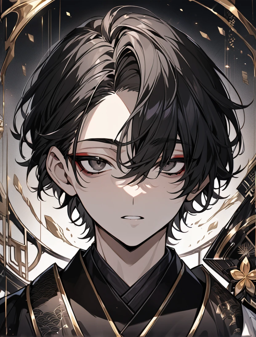 (black_hair), (short_hair), (deep_black_eyes), (Handsome), (Attractive), (male), (unique_black_kimono), (detailed_Hair), (detailed_mouth), (r), (dark_under_eyes), (gem_like_eyes), (japanese)