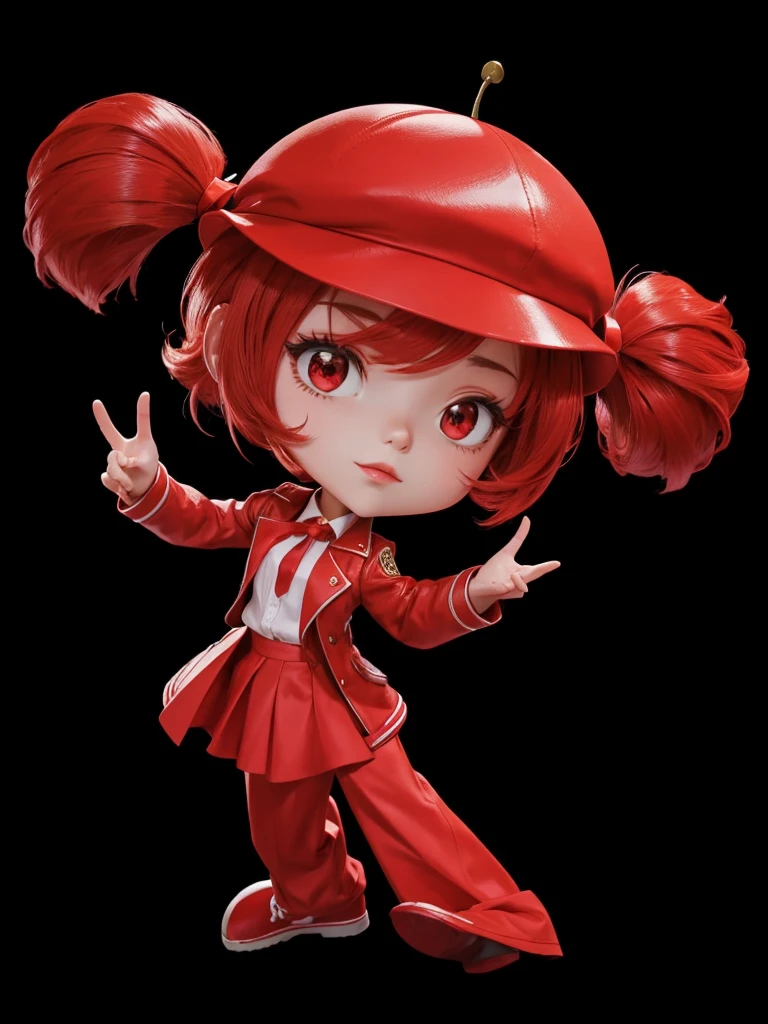 A , with red jacket, with red skirt, with red pants, with tied red hair, with cherry shaped hat on head 