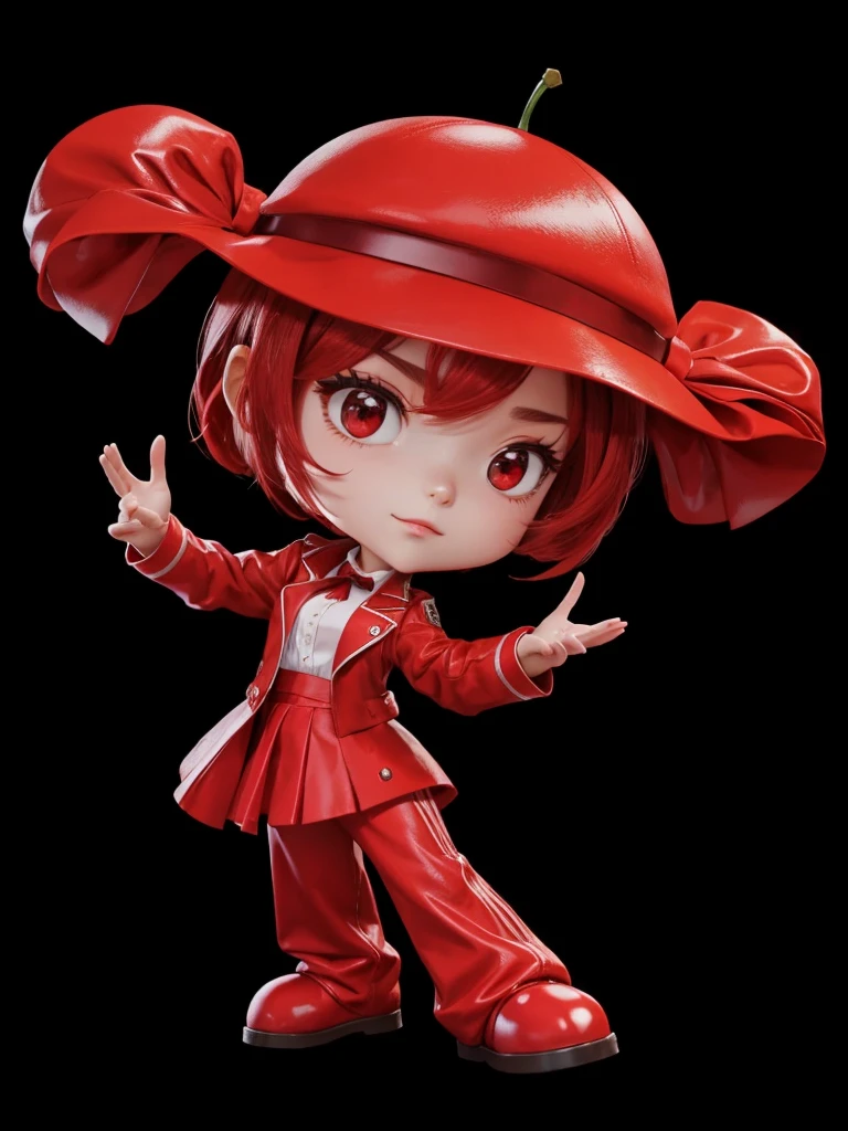 A , with red jacket, with red skirt, with red pants, with tied red hair, with cherry shaped hat on head 