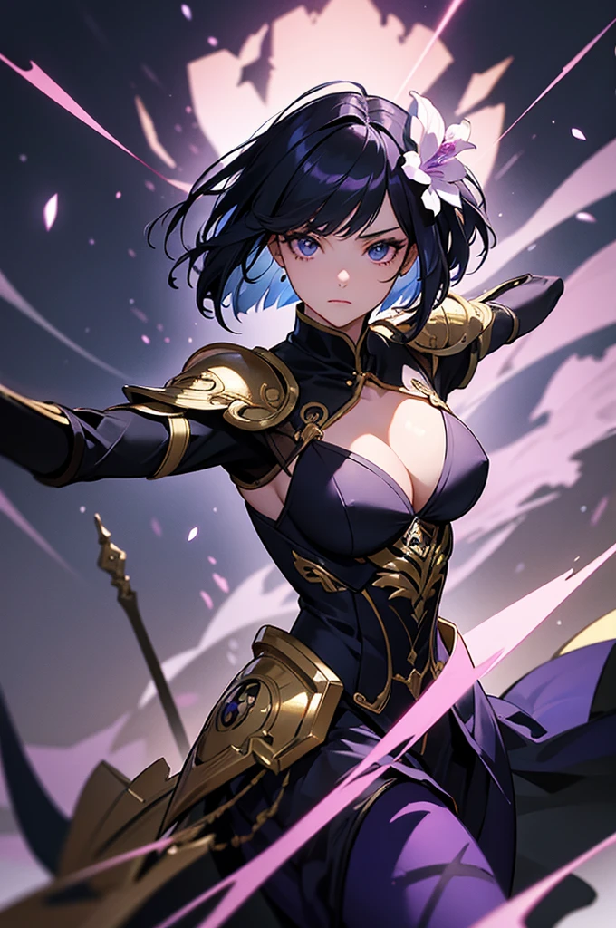 masterpiece, best quality, ultra detailed, 8K, no bad anatomy and fingers, super detailed skin, science fiction, fighting pose, holding sword, cyborg beautiful girl, face like a Paris Collection model, asymmetrical bob cut with mesh, Iris flower motif gold and and violet dress armor by top designer,  elaborately designed clothes, anime and  action painting, forest and night sky, combining action painting and sumi-e art styles, cleavage cutout, spotlight, night, very detailed background