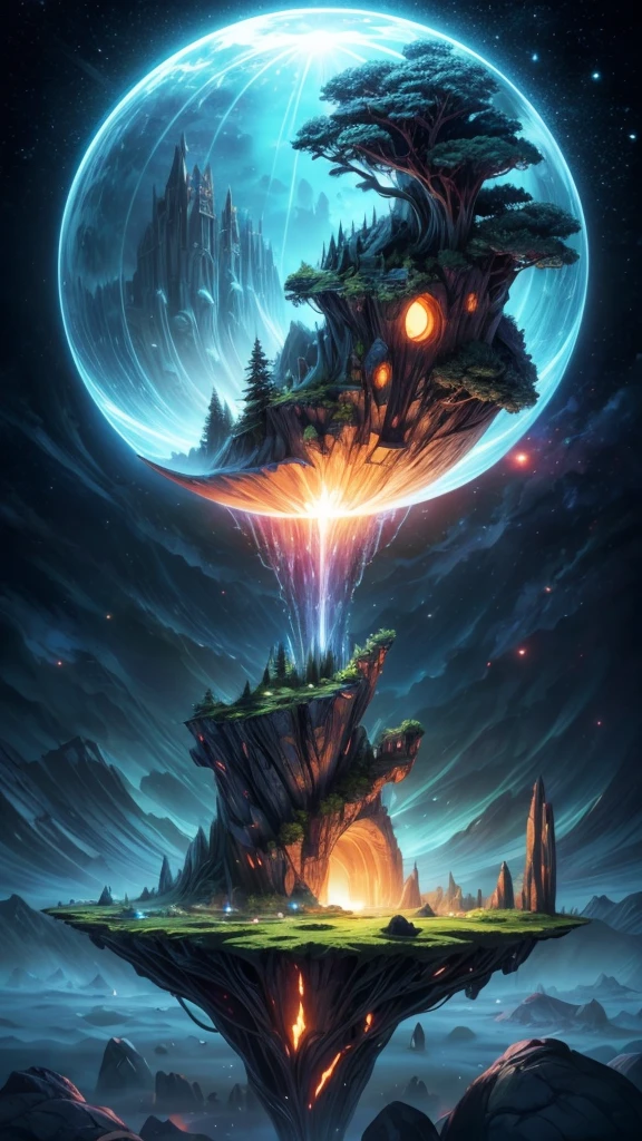 a mysterious island floating in the universe, enclosed in a dome, highly detailed, 4k, 8k, photorealistic, vibrant colors, dramatic lighting, glowing force field, futuristic architecture, floating islands, alien landscape, ethereal atmosphere, mysterious energy, cinematic composition, intricate details, volumetric lighting, chrome accents, diffuse lighting, reflective surfaces, dramatic shadows, mist and fog, majestic scale, sense of wonder, awe-inspiring, masterpiece