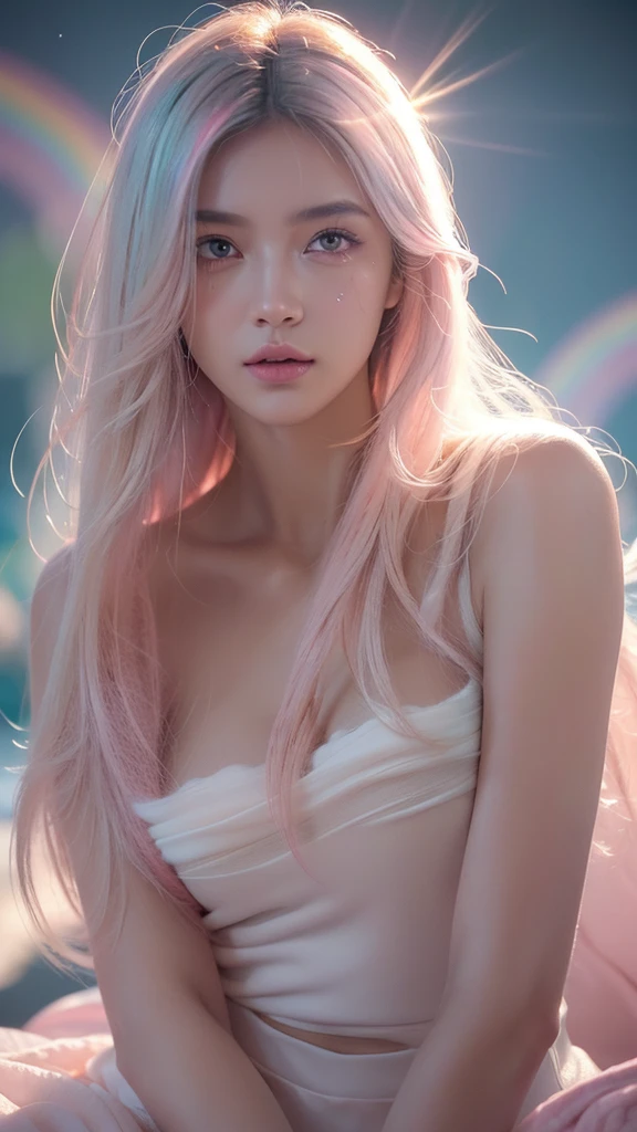 (masterpiece:1.2), best quality, (illustration:1.2), (Extremely detailed),Eyes Focus,(Carefully crafted glow, Pink lens flare), (Movie Background), Ultra Detail, (Fine details), (Intricate details), Octane Rendering, HDR, (Ultra Detailed:1.15), (Soft light:1.2), 1 Girl, beautiful girl, Extremely detailed eyes, Mature, full, Gentle, Rainbow painting drops,(Supermodel:1.3), draw teardrops, Woman made of paint, entirely paint, Tyndall effect，(Bioluminescent hair:1.1),(Glowing eyes), ((cosmetic)),(masterpiece), fiercely, powerful, absolutely eye-catching, (Cinematic headlighting), ((Corrosive)), Dynamic Angle, Beautiful and delicate light, Ambient Light遮蔽, Ambient Light, Ray Traced Reflections,(Optimal lighting, Extremely delicate and beautiful), (light), (Soft:2)