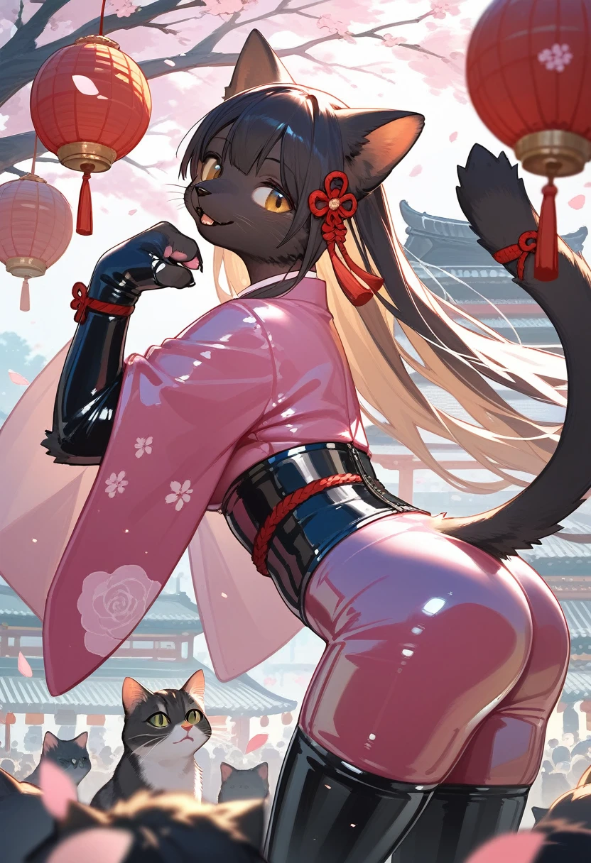 Highest quality, Highest quality, High quality illustrations, masterpiece, Ultra-high resolution, Detailed Background, Kyoto, Festivals, Absurd, Perfect Anatomy, performance, Good lighting, Shadows in the movies(kemono, Furry PersonifiCation), Cat, Long Hair, Pink Kimono, latex, rubber, From the side