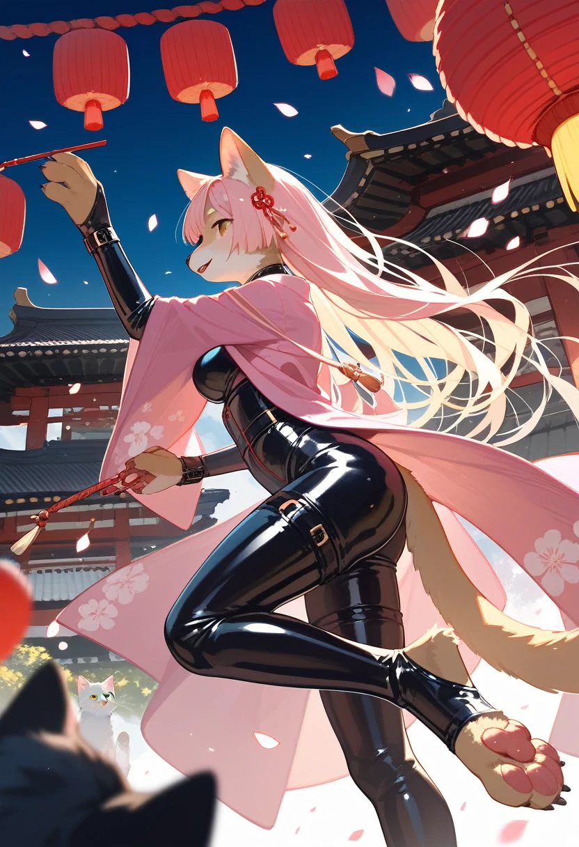 Highest quality, Highest quality, High quality illustrations, masterpiece, Ultra-high resolution, Detailed Background, Kyoto, Festivals, Absurd, Perfect Anatomy, performance, Good lighting, Shadows in the movies(kemono, Furry PersonifiCation), Cat, Long Hair, Pink Kimono, latex, rubber, From the side