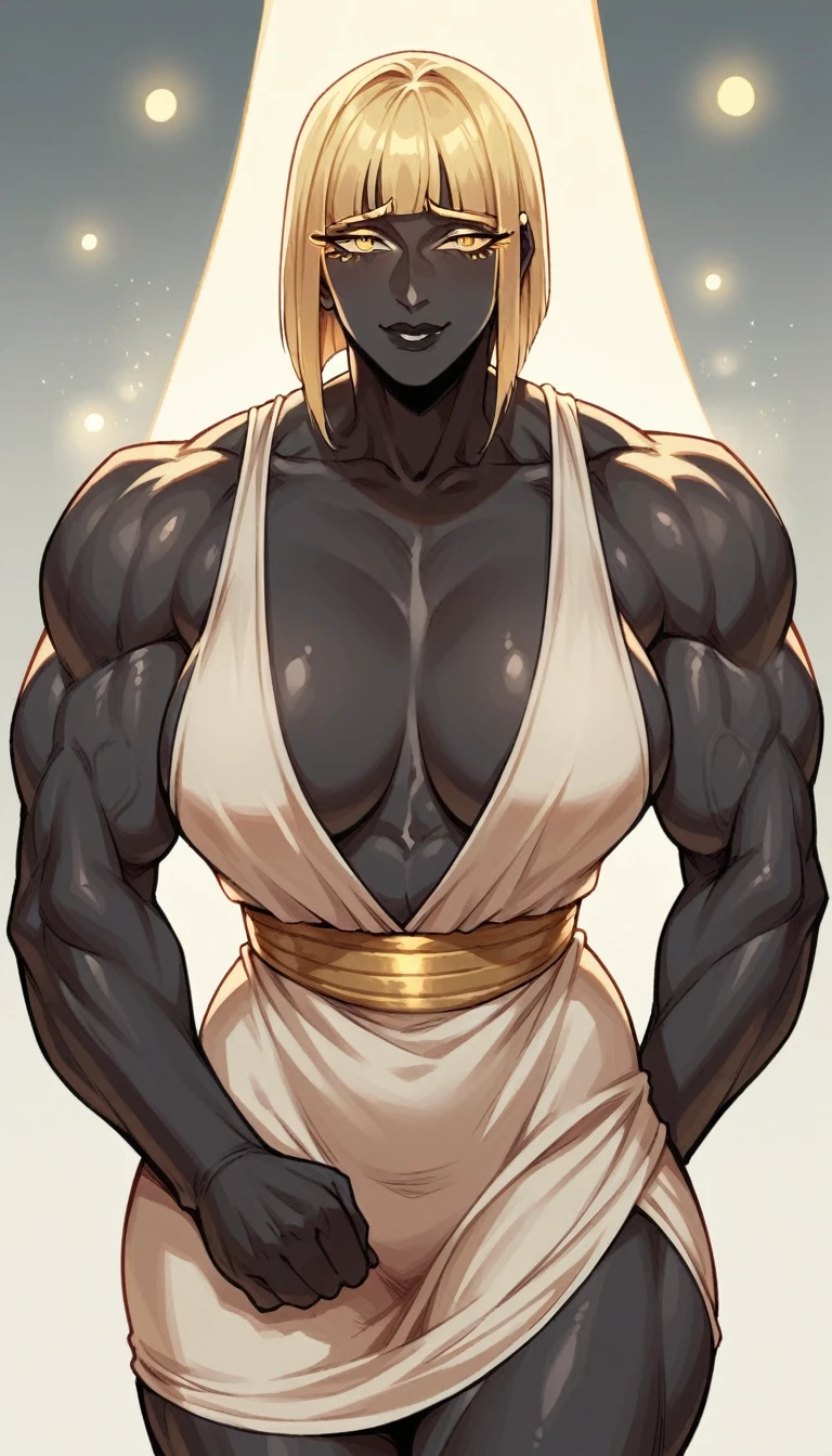 black buff strong woman character, muscle arms, muscle body, buff body, tall woman, black skin, full black skin, strong arms, long fringe hair, blonde hair, blonde fringe hair, fringe hair, dragon scales in body, black lips, egypt hair, milf, night, yellow lights, sit, scales, mature woman, beige dress, golden panties, scale in arms, shy smile
