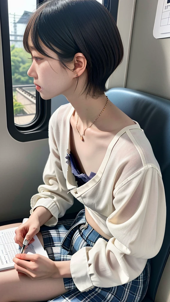 Highest quality, Ultra-high resolution, Highly detailed skin, Physically Based Rendering,Down blouse, Looking down,(A 14-year-old Japanese girl is sitting in a seat and writing in a notepad, Decorative fine bra, Overlap shirt, Small breasts, Sensual, From side to top),(Beautiful background:1.2), in the train, short hair, necklace