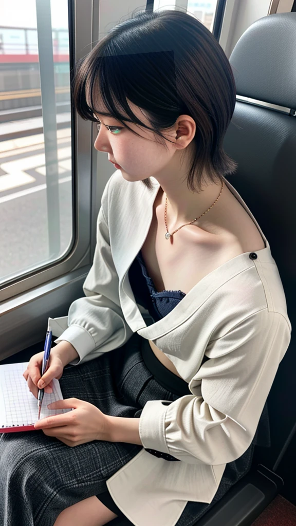 Highest quality, Ultra-high resolution, Highly detailed skin, Physically Based Rendering,Down blouse, Looking down,(A 14-year-old Japanese girl is sitting in a seat and writing in a notepad, Decorative fine bra, Overlap shirt, Small breasts, Sensual, From side to top),(Beautiful background:1.2), in the train, short hair, necklace