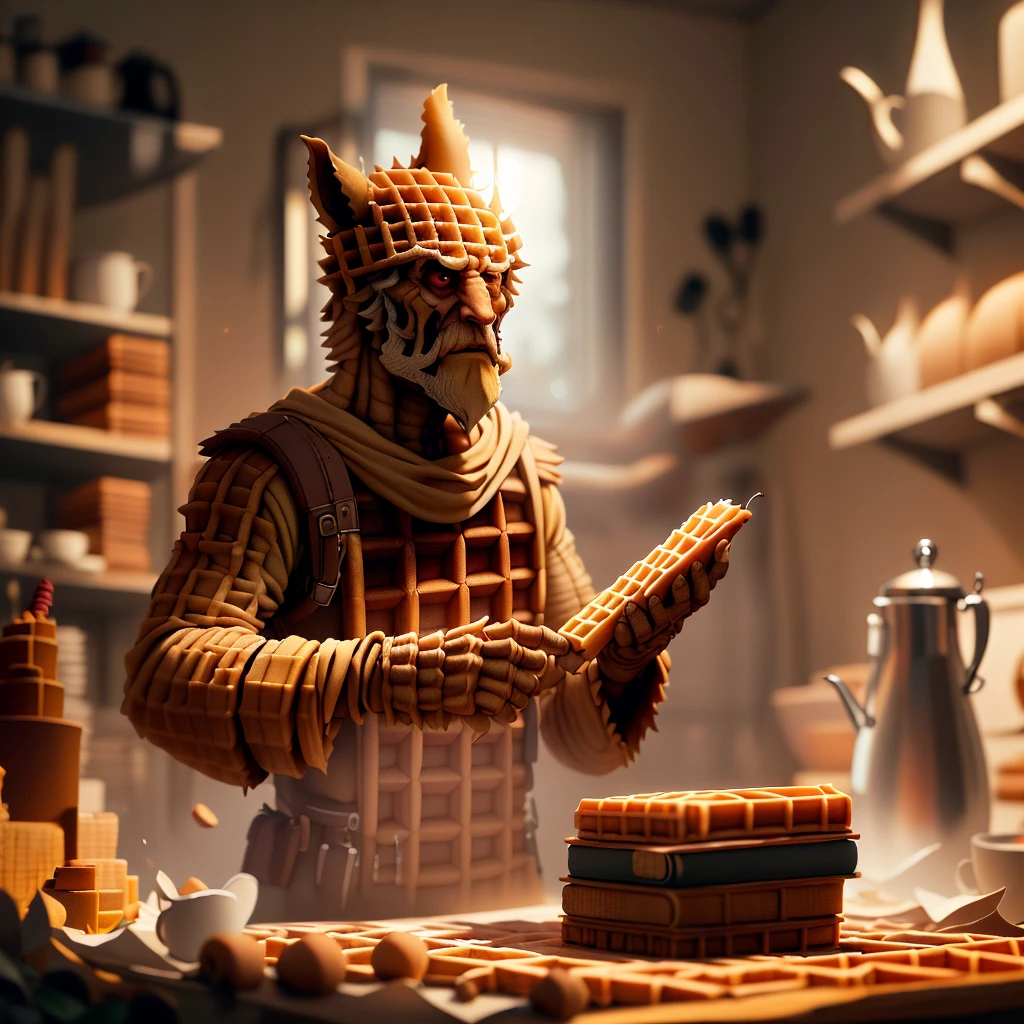 WaffleStyle wizard made out of waffle, golden hour lighting, DOF