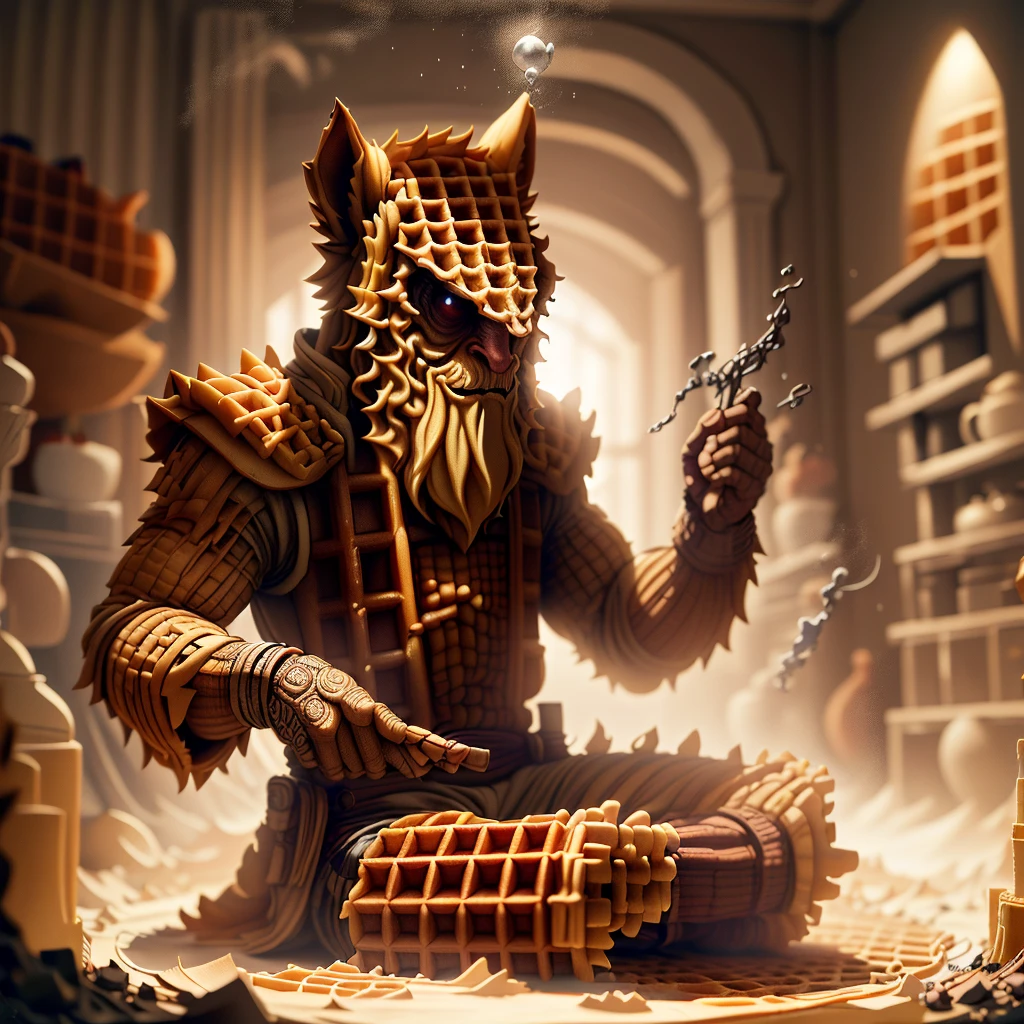 WaffleStyle wizard made out of waffle, golden hour lighting, DOF