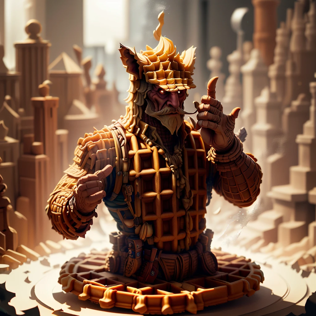 WaffleStyle wizard made out of waffle, golden hour lighting, DOF