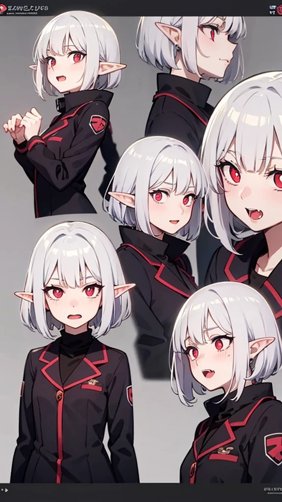 anime girl, grey hair, long hair, short hair, straight hair, bob cut, dilated pupils, devil pupils, open mouth, embarrassed, blush, tongue out, expressionless, naughty face, naughty, yandere, fang, rape face, anime, Conceptual art, high detail, anime style, reference sheet, from side, from below, from behind, from above, UHD, masterpiece, anatomically correct, super detail, high details, high quality, best quality, highres, 8k, caracter design, art concep, medical jacket, vampire, elf ear, front view, show fangs, pale skin, cool outfit, cute, adorable, full body 