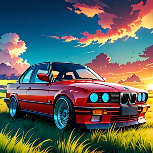 anime landscape of A pearl super sunny red classic 1993 BMW E30 318i sport sits in a field of tall grass with a sunset in the background.beautiful anime scene, beautiful anime peace scene, Makoto Shinkai Cyril Rolando, beautiful anime scene, amazing wallpaper, anime art wallpaper 8k, anime background, artistic anime background, anime wallpaper 4k, anime art 4k wallpaper, anime wallpaper art 4k,