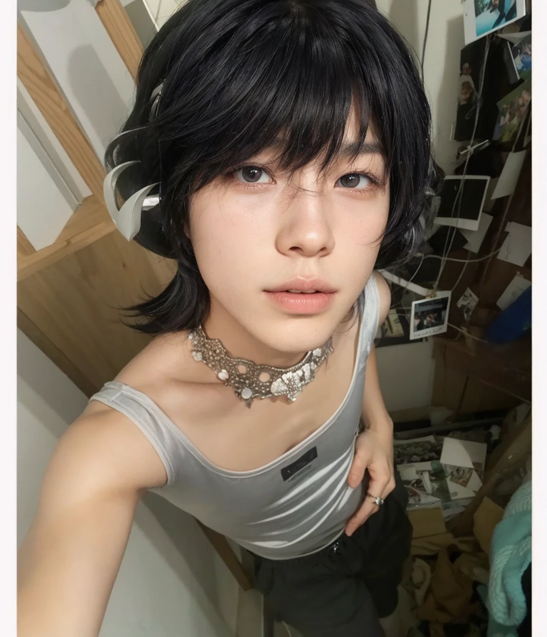 black hair boy, full lips, straight nose and masculine face. straight body, no breasts