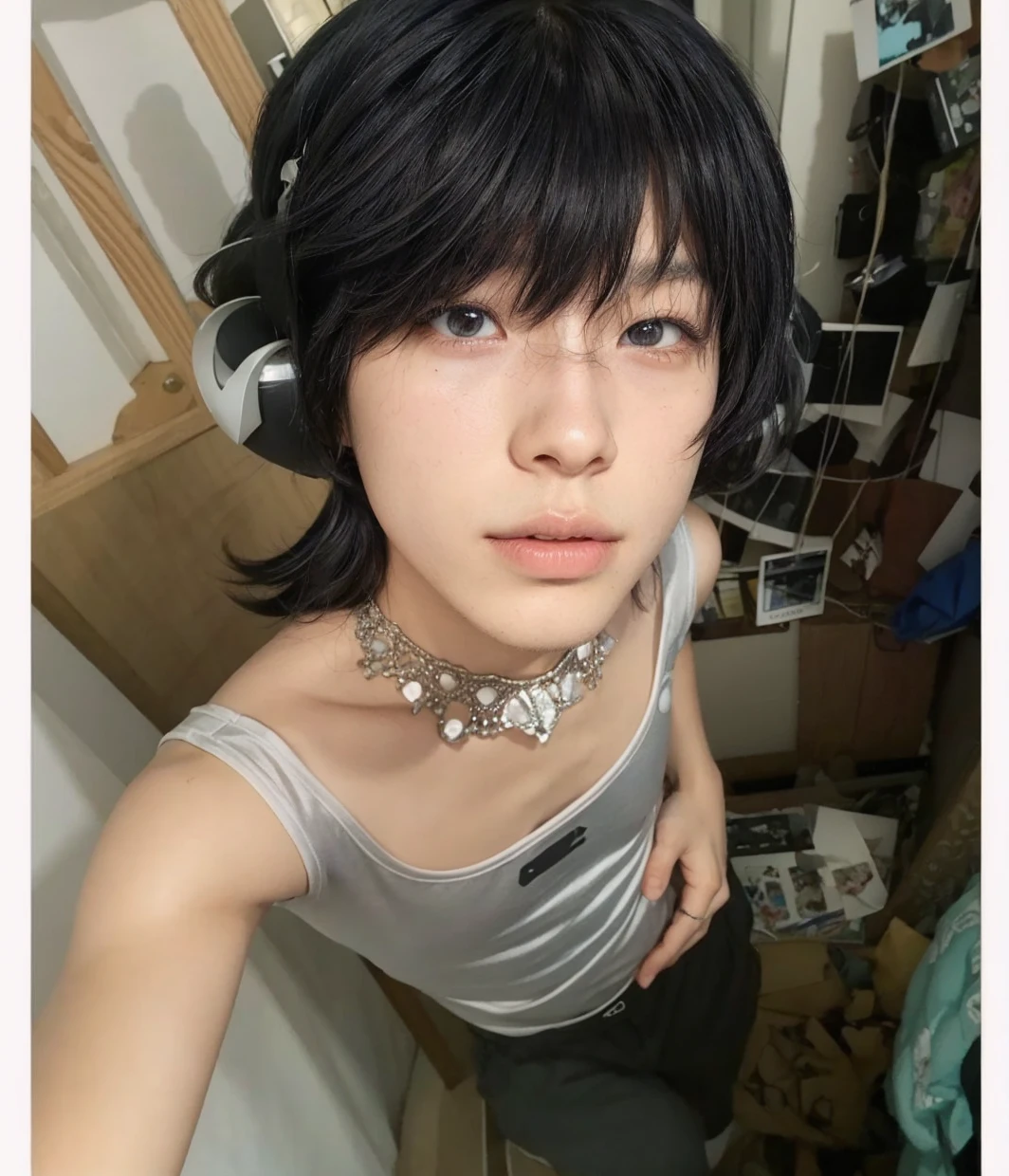 black hair boy, full lips, straight nose and masculine face. straight body, no breasts