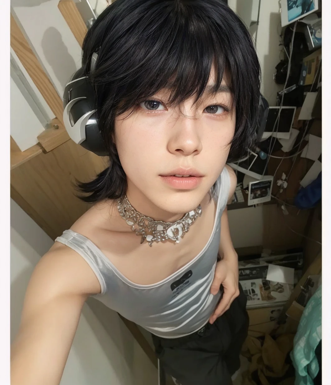 black hair boy, full lips, straight nose and masculine face. straight body, no breasts