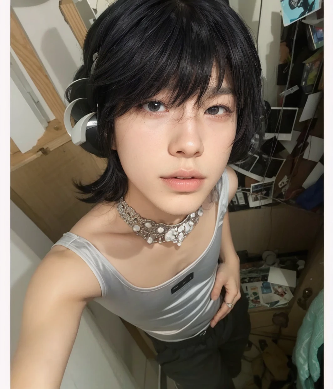 black hair boy, full lips, straight nose and masculine face. straight body, no