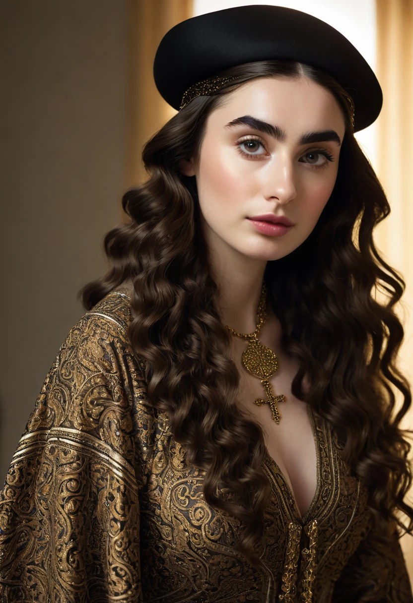 A beautful orthodox jewish women with a thick bushy unibrow and a large bulbous nose. Thick, intense, curly, frizzy, long brown hair. Hair that clogs a drain after one shower. Hair you find on pillows and in corners of the room and in your refrigerator six months after the head from which it grew last visited. Hair that could not be straightened even if you had four hours and three hairdressers double-fisting blow driers. Hair that screams: Jew. Traditional jewish dress, luxurious long dress、hat. curvy hourglass figure. Ultra HD, the symmetrical face, photorealistic photography, path tracing, specular lighting, and volumetric face light enhance the details. Epic lighting, striking silhouette. crucifix necklace. The symmetrical face, photorealistic photography, path tracing, specular lighting, and volumetric face light enhance the details. The scene is captured in maximum quality, masterpiece, 8K high resolution, and top quality. Lilly Collins.