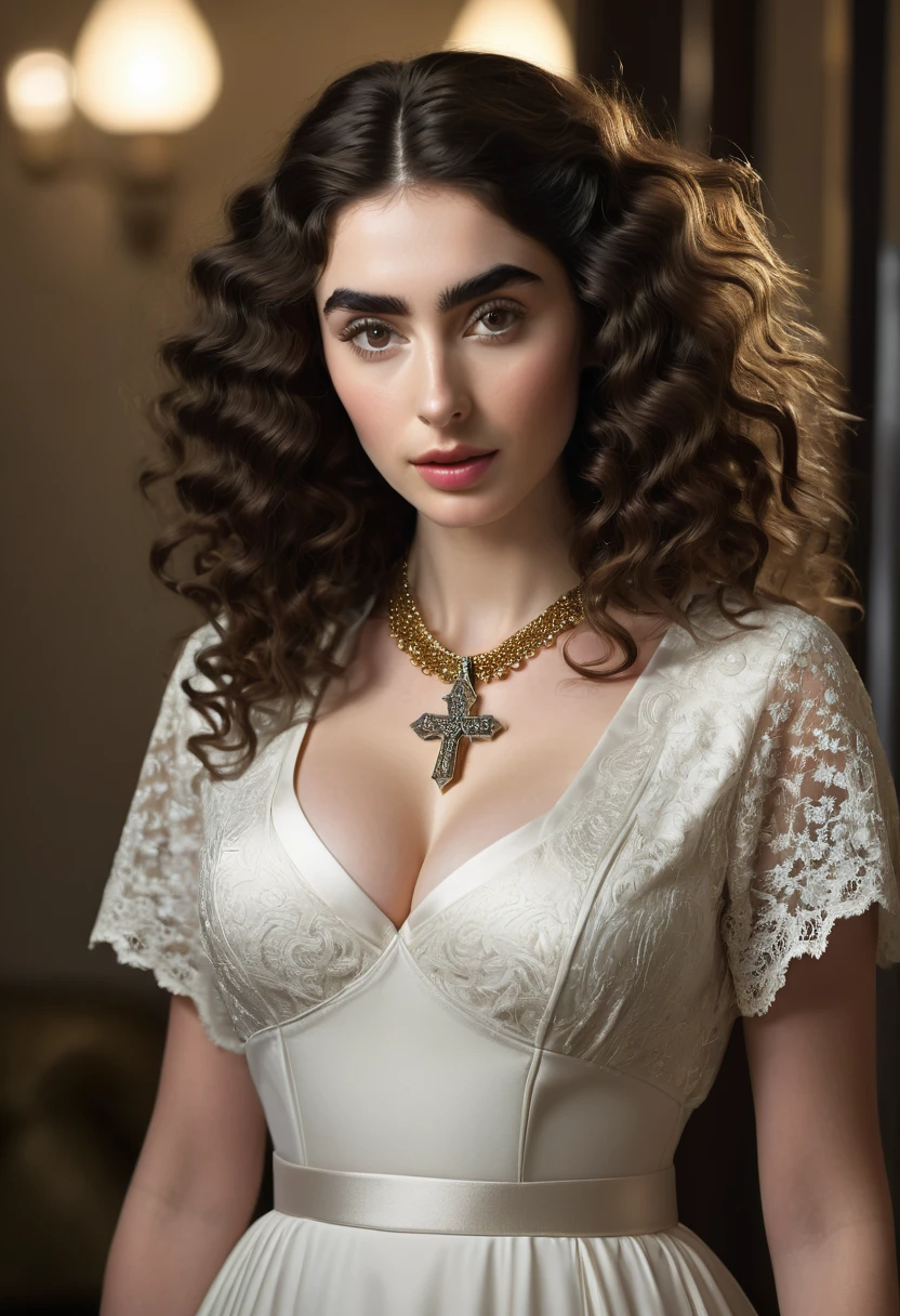 A beautful orthodox jewish women with a thick bushy unibrow and a large bulbous nose. Thick, intense, curly, frizzy, long brown hair. Hair that clogs a drain after one shower. Hair you find on pillows and in corners of the room and in your refrigerator six months after the head from which it grew last visited. Hair that could not be straightened even if you had four hours and three hairdressers double-fisting blow driers. Hair that screams: Jew. Traditional jewish dress, luxurious long dress、hat. curvy hourglass figure. Ultra HD, the symmetrical face, photorealistic photography, path tracing, specular lighting, and volumetric face light enhance the details. Epic lighting, striking silhouette. crucifix necklace. The symmetrical face, photorealistic photography, path tracing, specular lighting, and volumetric face light enhance the details. The scene is captured in maximum quality, masterpiece, 8K high resolution, and top quality. Lilly Collins.
