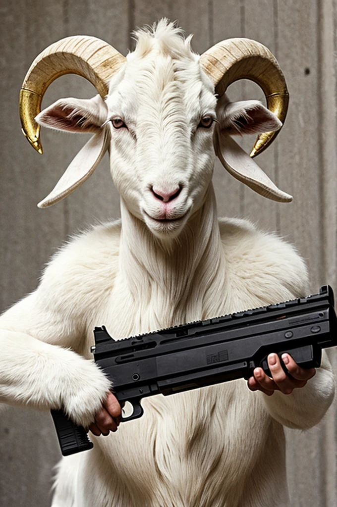 Evil white goat with a gun
