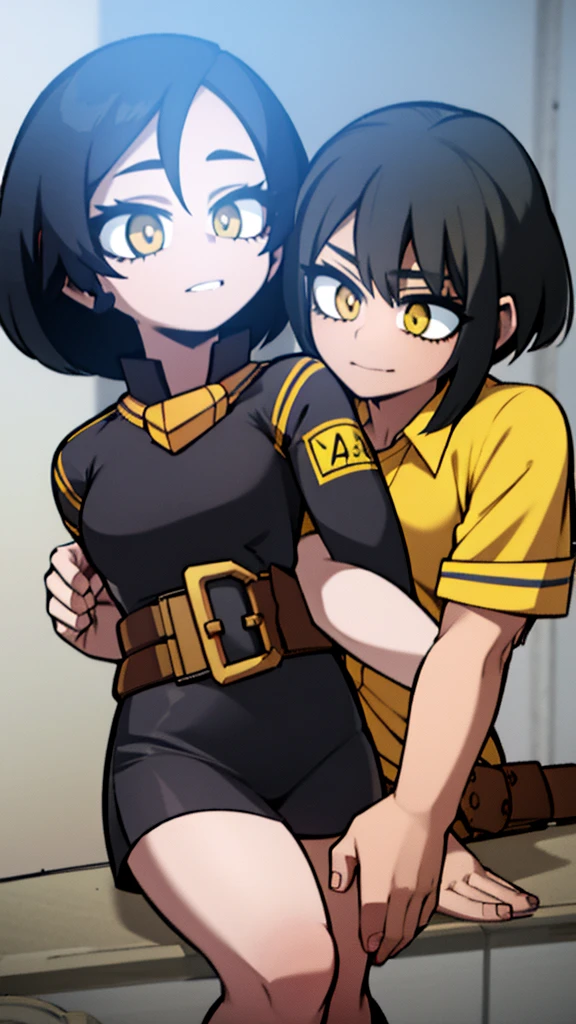 Woman, short black hair, yellow eyes, perfect body, very beautiful, Boku no hero academy, Aidol's Giving 