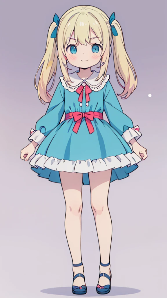 ((masterpiece))((Highest quality))girl、Smirk、blush、Flat Chest、Are thin、Blonde Hair、blush、Are standing、Whole body image、Eye level to the feet、front、No background、真frontのアングル、Blue clothes、Hair is two colors、Twin tails、Red Alice outfit