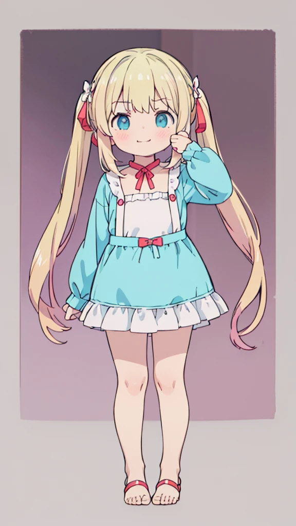 ((masterpiece))((Highest quality))girl、Smirk、blush、Flat Chest、Are thin、Blonde Hair、blush、Are standing、Whole body image、Eye level to the feet、front、No background、真frontのアングル、Blue clothes、Hair is two colors、Twin tails、Red Alice outfit